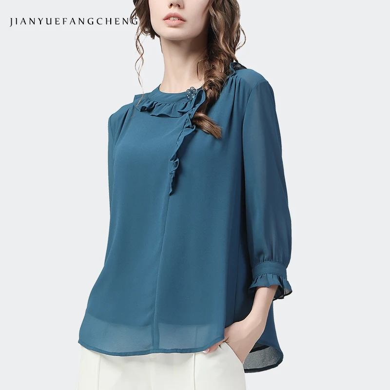 

Fashion Ruffles Blue Chiffon Tops Women Summer New Beading O-Neck Seven Sleeves Loose Temperament Female Casual Blouses
