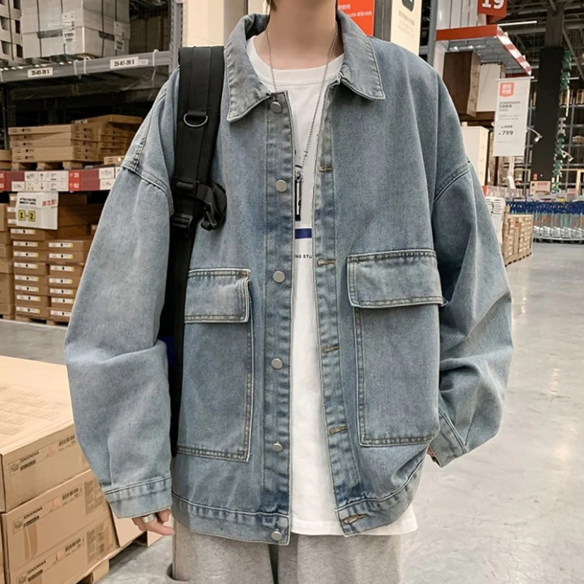 

Casual Mens Denim Jacket Autumn 2020 Plus Size S-3XL Men's Loose Pocket Jacket Bomber Lazy Style Korean For Male Teens
