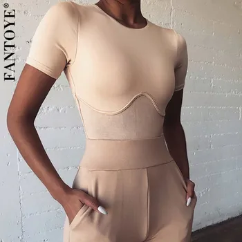 

FANTOYE Basic Striped Skinny Bodysuit Women Sexy Short Sleeve Elastic Jumpsuit For Women Summer Black Bodysuits Streetwear 2020