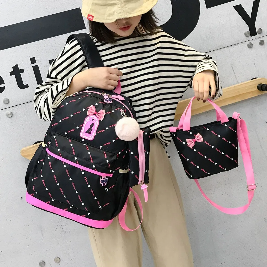

Mummy Bag Women Three-Piece School Bag Print Backpack Bow Canvas Travel Backpack Tote Bag For Mother And Dugther Shool Bag