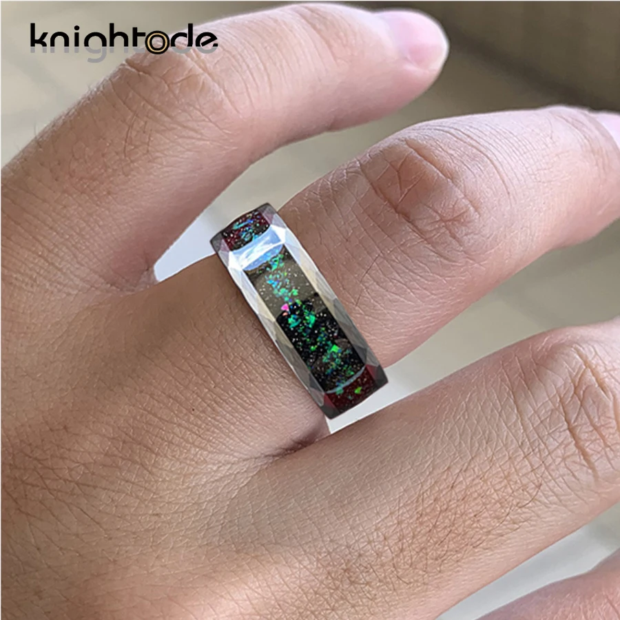 8mm Hammered Tungsten Carbide Rings Galaxy Series Opal Inlay For Man Women Wedding Bands Silvery Facets Brushed Comfort Fit