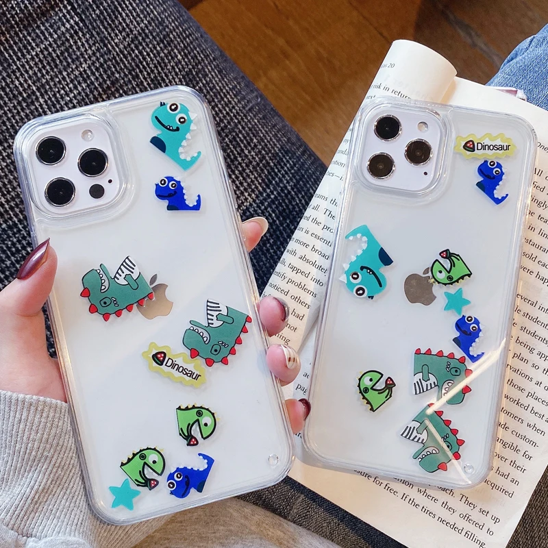 Cute Cartoon Dinosaur Dynamic Liquid Sliding Blocks Funny Case for iPhone X XR 11 12 Pro XS MAX 7 8 Plus SE 2020 Clear Cover | Мобильные