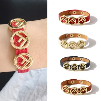 

High Quality Punk Style PU Leather 316L Steel Gold Plated F Letter Charms Bracelet&Bangle For Women Brand Jewelry Wholesale