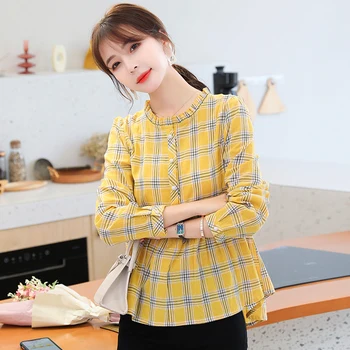 

COIGARSAM Plaid blouse women New Spring High Waist blusas womens tops and blouses Pink Yellow 8832