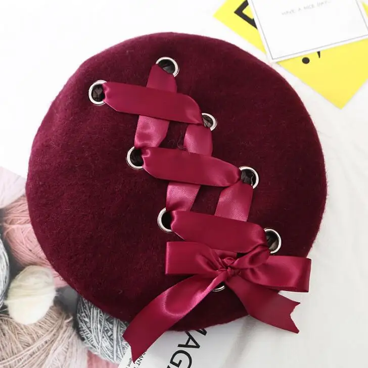 Wine Red Harajuku женский бант лента мягкий берет шапка для Одежда для девочек Элегантный Пушистый плющовый береты - Цвет: Wine Red