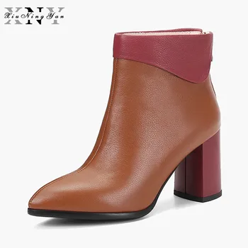 

Xiuningyan Shoes Woman Ankle Boots Hot Sale Genuine Leather Back Zipper High Heels Ladies Martin Boots Fashion Western Boots