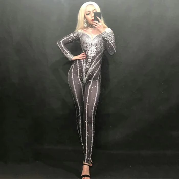 

black stretch Rhinestones Long Sleeves Spandex Jumpsuit Female Singer Dance Stage Wear Women's Birthday Bodysuit Bar Clothes