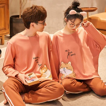 

Pajamas Sets Women Print Soft Cotton Carton Fashion Men Long Sleeve Sleepwear Suit 2 piece Sexy Spring Home Couple Lounge Gift