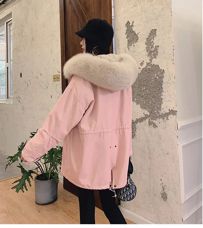 

Natural real Fox fur Collar long coat women winter warm Rex Rabbit fur lined long coat 2019