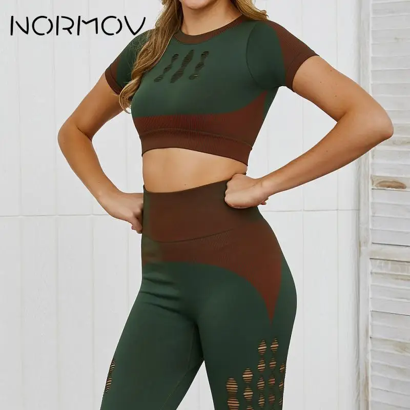 NORMOV, комплект для йоги, сексуальный женский спортивный костюм, леггинсы для фитнеса+ рубашки, 2 шт., спортивные штаны для йоги, одежда для спортзала, штаны для бега и тренировок