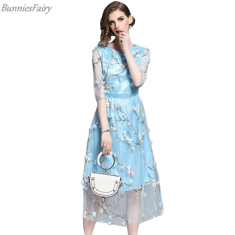 BunniesFairy осеннее женское милое платье принцессы с цветочной вышивкой голубое Сетчатое платье средней длины с рукавом три четверти