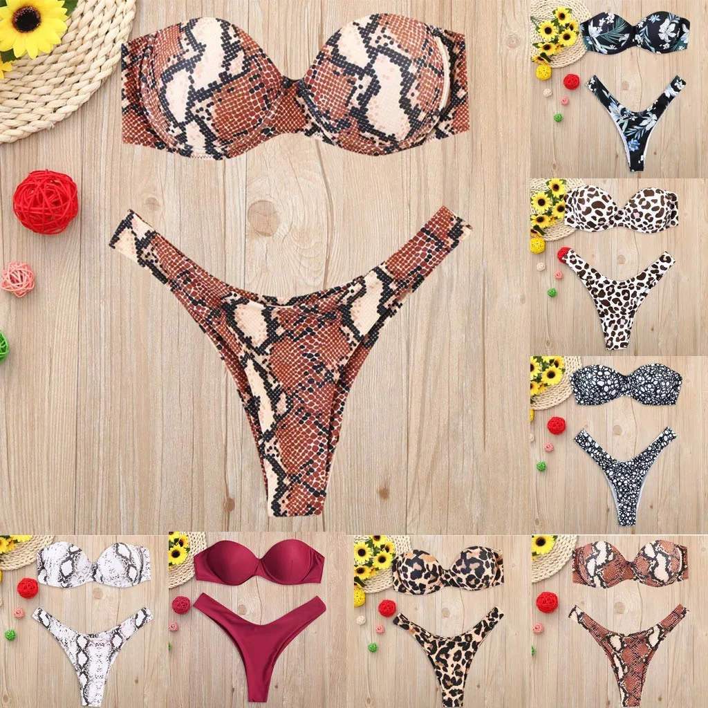 

2019 Leopard Brazilian Bikini Set Women Tube Up Two Pieces Bikini Push-Up Swimsuit Swimwear Beachwear Summer Beach Wear Biquini