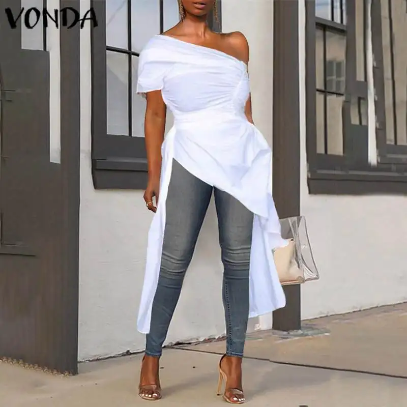 VONDA Asymmetrical Tunic Women Sexy Off Shoulder Tops 2019 Summer Party Shirts Casual Loose Side Zip Blouse Plus Size Blusas - 4.00035E+12