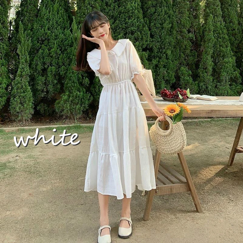 Short Puff Sleeve Dress Women Peter Pan Collar Calf-length Elegant Solid Pleated Korean Sweet Girls Female Stylish Purple Chic wedding dresses Dresses