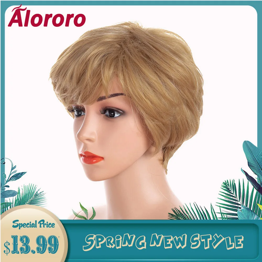 

Alororo Short Wigs for Women Blonde High Temperature Wire Synthetic Hair Wig with Bangs Female Daily Wear False Hair