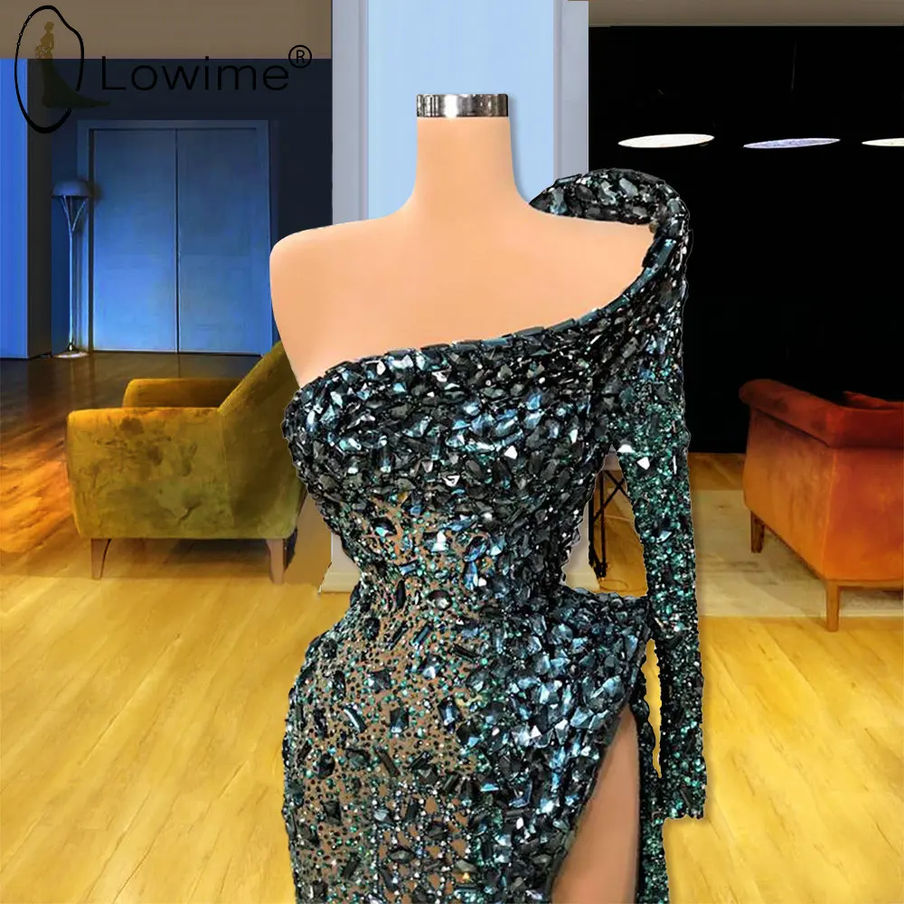 

Luxury Shiny Crystal Dark Green One Shoulder Long Sleeve Evening Dresses Side Split Formal Dresses Robe De Soiree Arabic Style