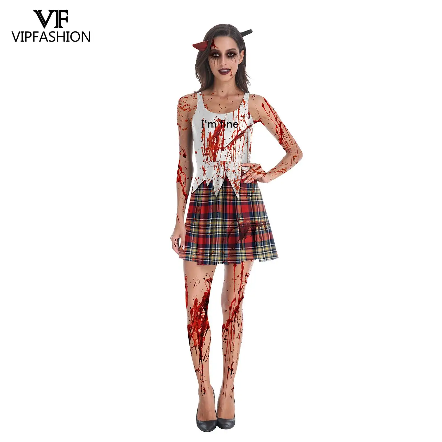 

Fashion Commuter Ladies VIP FASHION Summer Halloween I Am Fine Print Pleated Sleeveless Tank Dress Womenswear