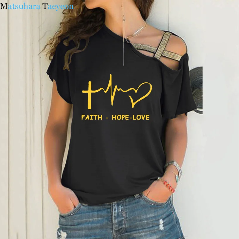 Женская футболка с косым вырезом-лодочкой и надписью Faith Hope Love Christian | одежда