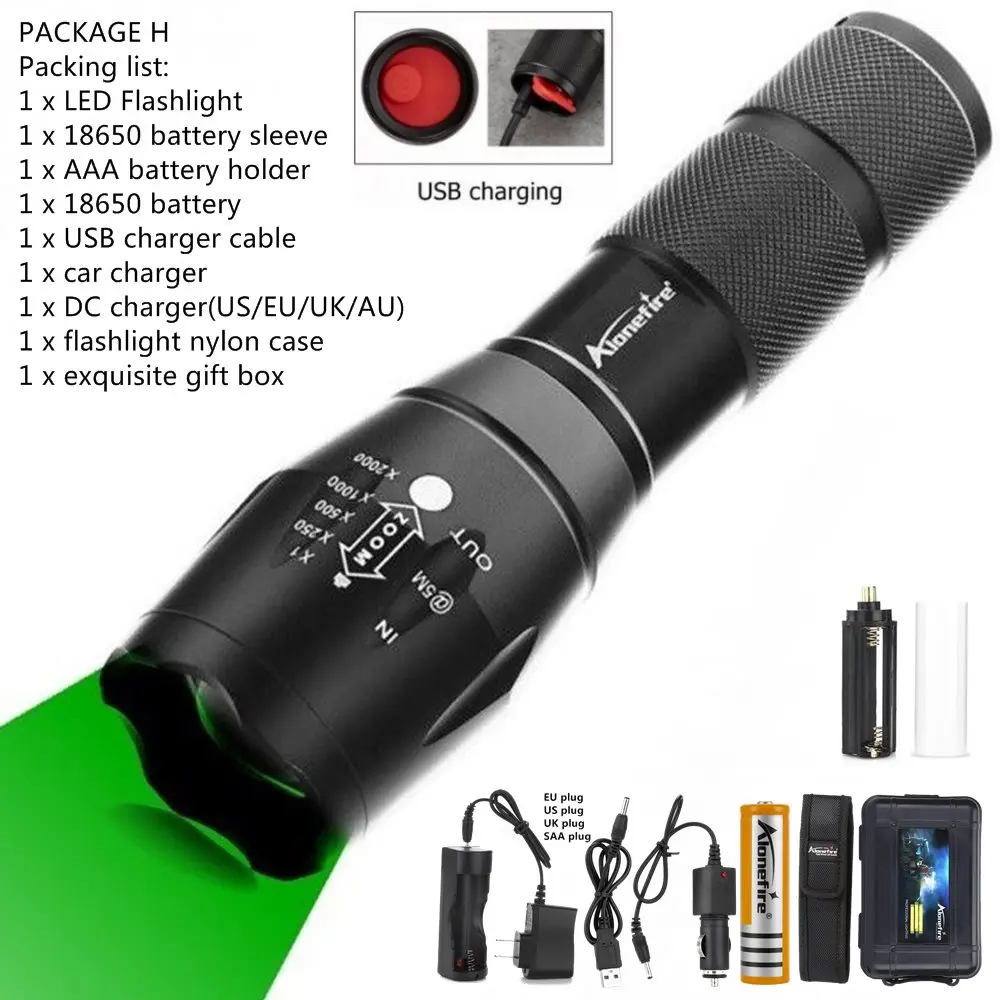 PACKAGE H Alonefire G700-C тактический охотничий фонарь Zoomable зеленый USB Перезаряжаемый охотничий фанарик - Испускаемый цвет: PACKAGE H