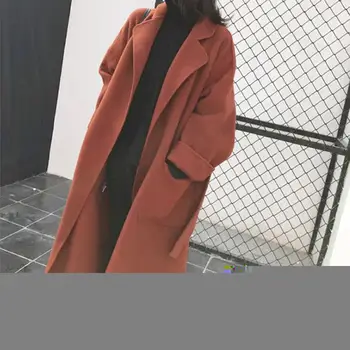 

Korean Winter Long Overcoat Outwear Elegant Belted Solid Plus Size Coat Jacket Loose Long Sleeve Pockets Wool Coat