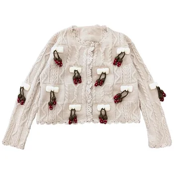 

Vintage Crochet Women Sweater Cardigan Strawberry Bow Pendant Ugly Christmas Sweaters Knitted Cardigans Coat Girl Winter Clothes