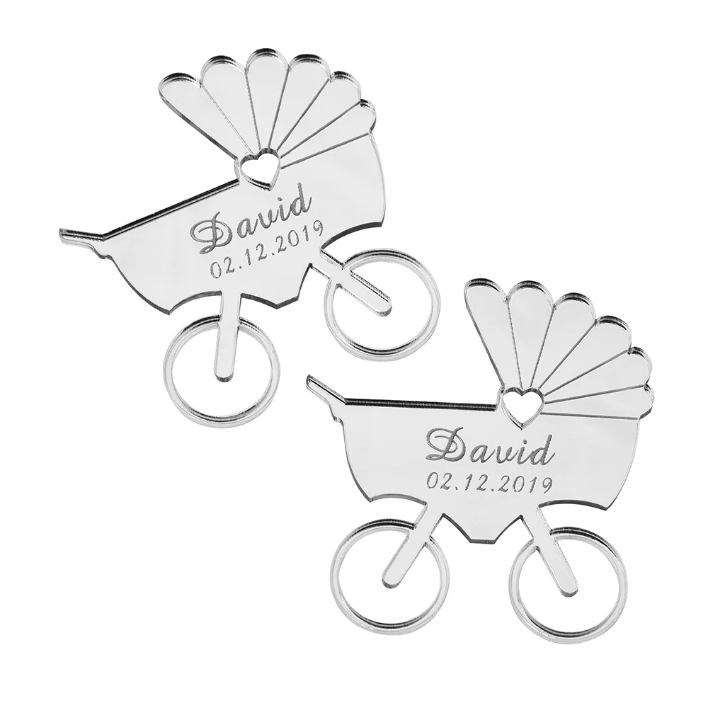 Silver 12 pcs Personalized Engraved Mirror Baby Carriage Name Card New Birth Born Acrylic Gift Decor Tags Favors Baby Shower Party - Цвет: Silver
