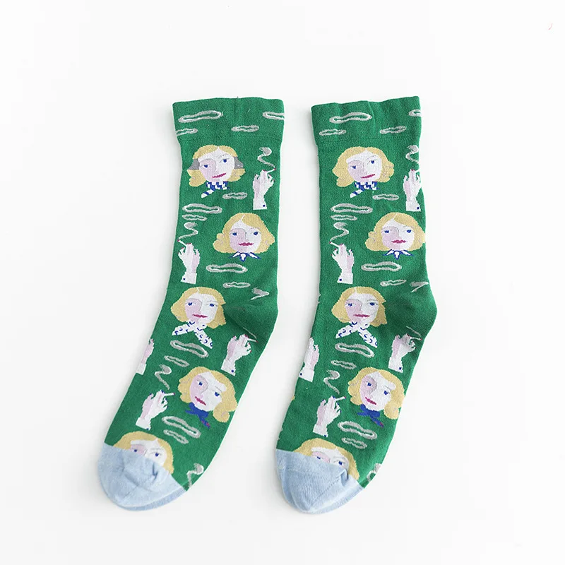 Осенние новые хлопковые женские хлопковые носки Модные дышащие дезодоранты с принтом модные короткие счастливые женские носки с дикими персонажами - Цвет: Зеленый