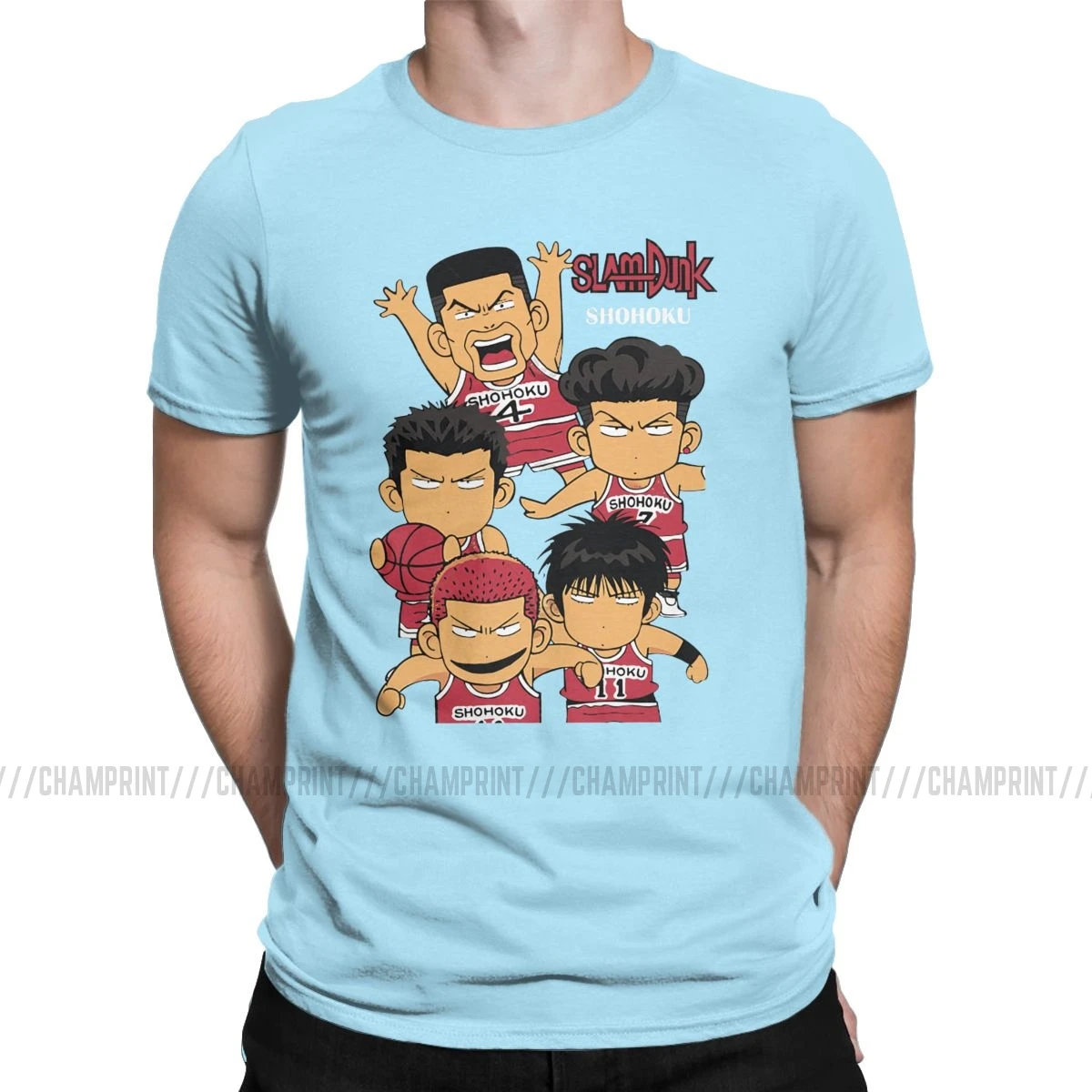 Shohoku Chibi мужские футболки Slam Dunk Баскетбол Аниме Hanamichi Спорт манга забавная футболка круглый вырез Футболка Графические Топы - Цвет: Небесно-голубой