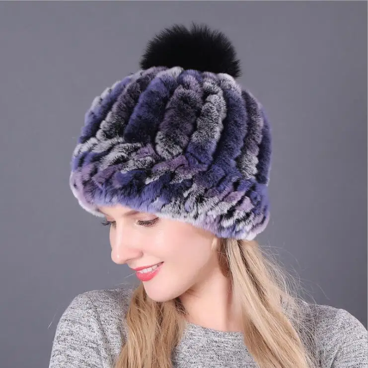 Blue hats Зимние шапки для женщин, модные Серые толстые теплые вязаные шапки с натуральным кроличьим лисьим мехом, шапки с помпонами, аксессуары для девочек, шапки Skullies - Цвет: Blue hats