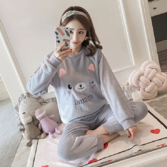 Women Pajama Sets Autumn Winter Pajamas Flannel Cartoon Thick Warm Women Sleepwear Cute Animal Female Homewear