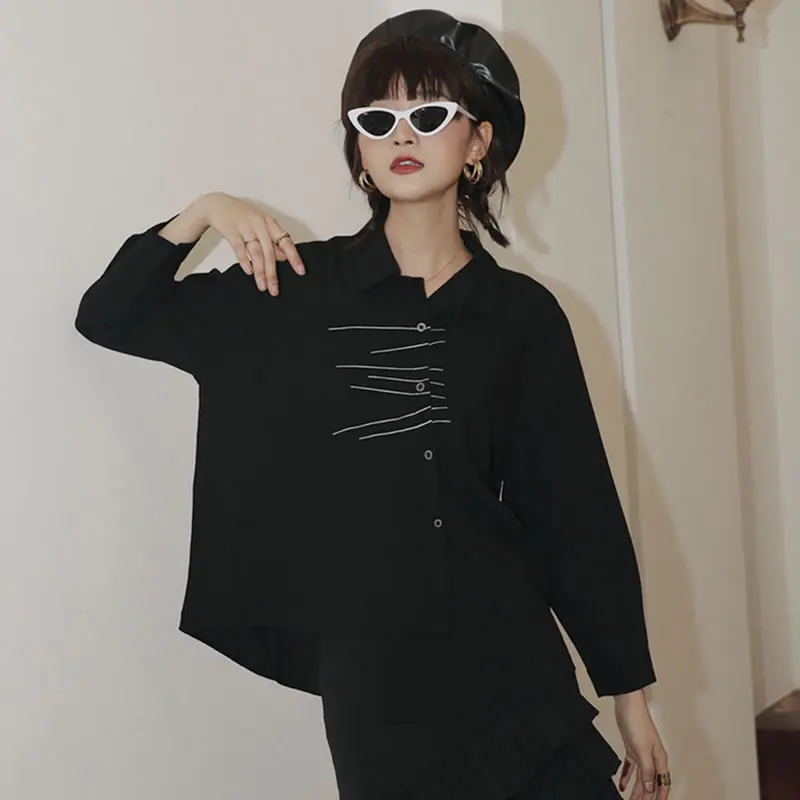 black ZYQ1986 XITAO/Винтажные женские блузы с вышивкой, тонкие Необычные корейские модные новые одногрудные плиссированные осенние элегантные рубашки zyq1986 - Цвет: black ZYQ1986