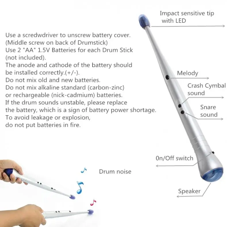 2pcs Electronic Drumsticks Create Drum Sticks Crash & Snare Sounds with Sensitive Tip Speaker Percussion Instruments