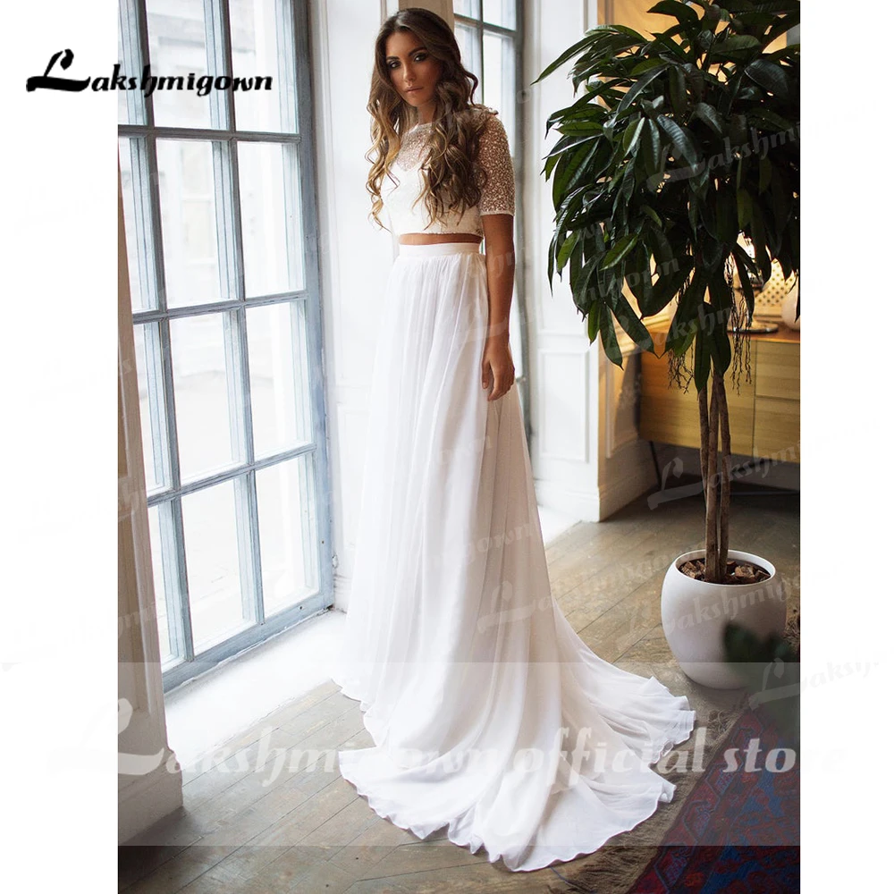 2024 vestidos de boda Two Pieces Short Sleeve O Neck Wedding Dresses Elegant Bling Beads Lace Chiffon robe de soirée Customized 4