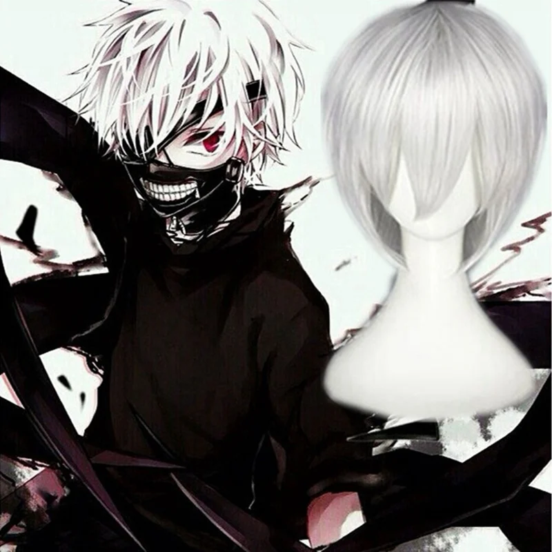 Аниме Токийский вурдалак Kaneki Ken короткие Серебристые белые термостойкие волосы косплей костюм парик бесплатно парик шапка