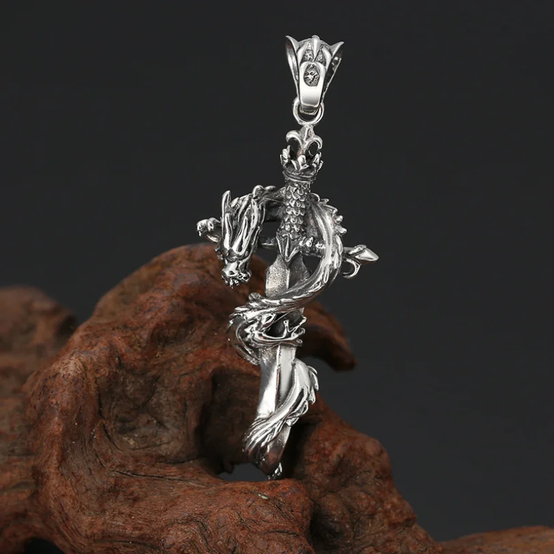 Real Silver Dragon Sword Pendant Men 