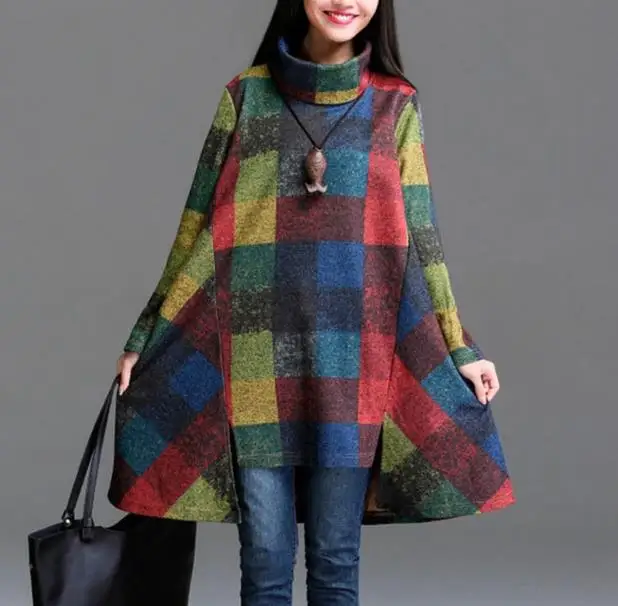 

Winter Dress for Women Loose Casual Plaid Dress Heap Turtleneck Irregular Thicken Cotton Warm Ladies Dress RQ39