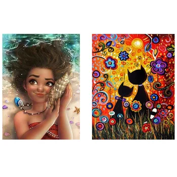 

2 Set 5D DIY Diamond Painting Rhinestones Embroidery Arts Craft, Flower Black Cat & Little Girl Listening to Conch