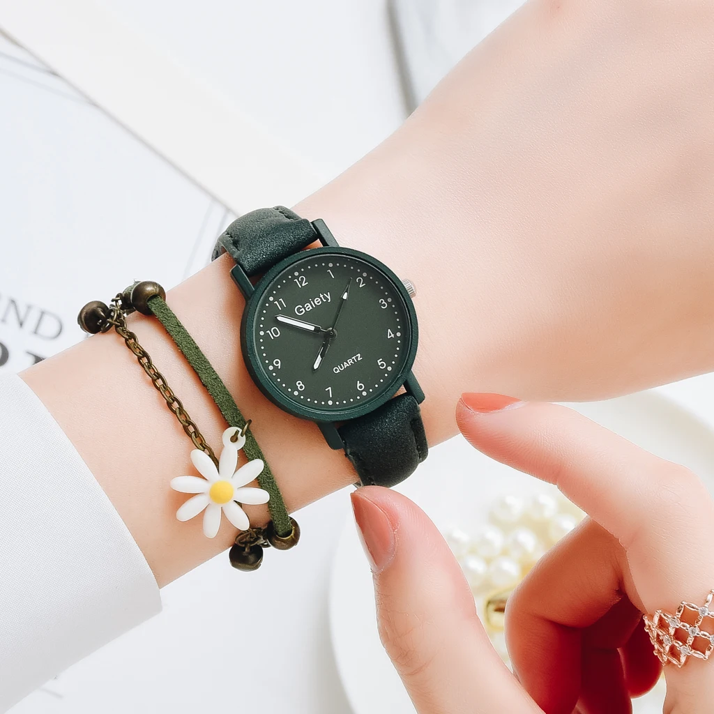 Gaiety Brand Elegant Women Leather Strap Watch Casual Ladies Quartz Wristwatch Female Bracelet With Watch Set