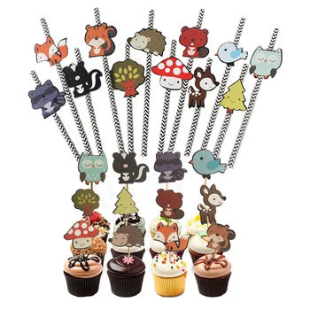 

Woodland Creatures Theme Paper straw Animal Friends Cake Toppers for Baby Shower Party Decorations Supplies Kids Favors gift