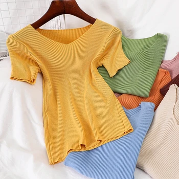

Yellow Sweater V Neck Women Knitted Sweater Korean Jumper Basic Top Short Sleeve Sweaters 2020 Pull Femme Clothes Pullover Tunic