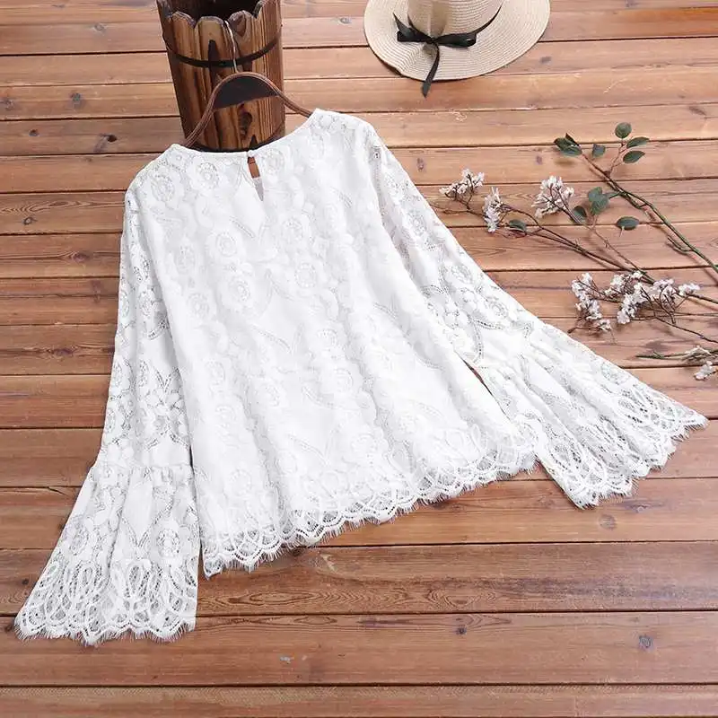 M 5XL, ZANZEA, весенние блузы, модные, кружевные, вязанные, блузка, одноцветные, вечерние, рубашки, для женщин, с длинным рукавом, для работы, туника, топы, Женская сорочка
