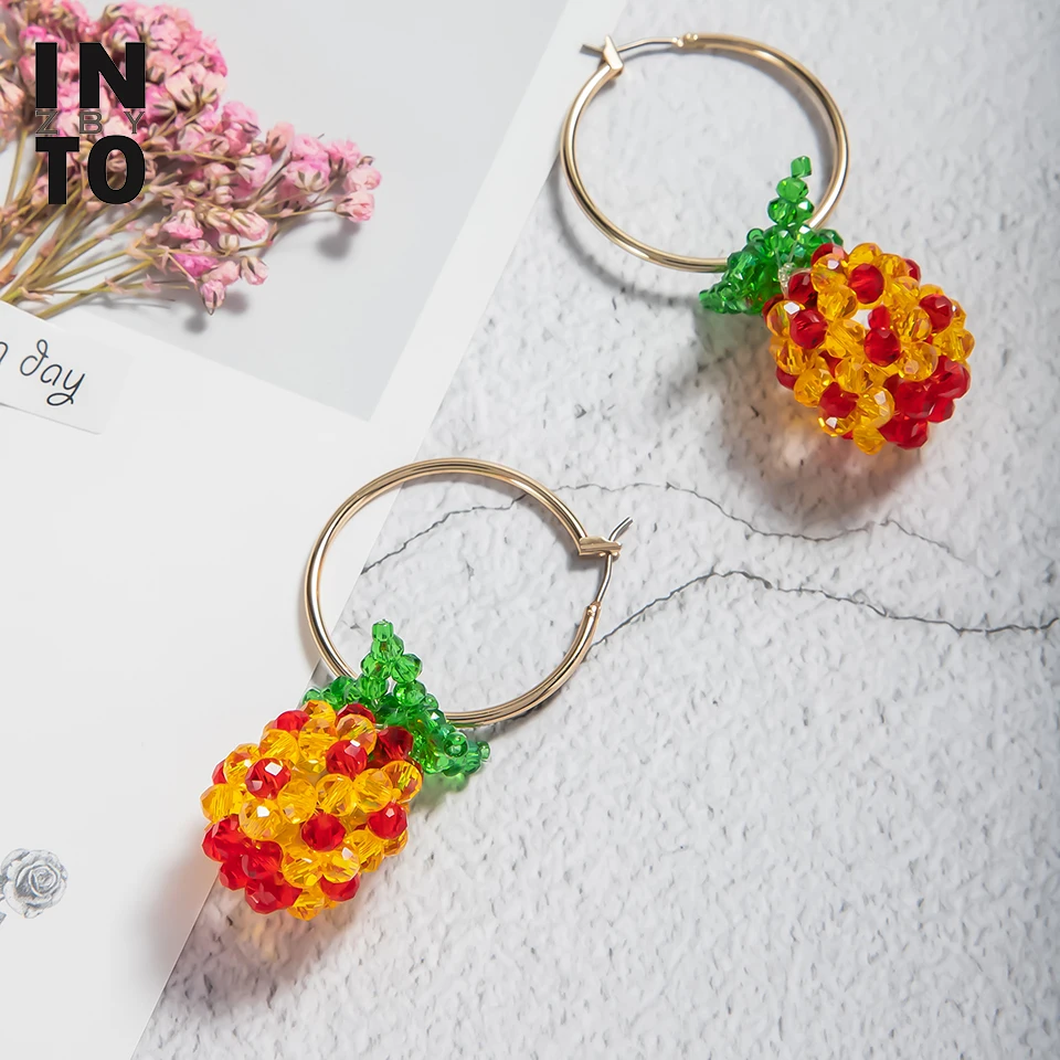 Into Colorful Glass Beads Handmade Pineapple Hoop Earrings For Women Gold Color Copper Round Loop Fashion Jewelry 2020 | Украшения и