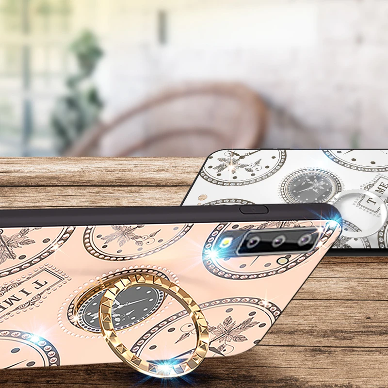 Модный чехол для телефона samsung Galaxy A10 A20 A30 A50 A70, блестящий ремешок-держатель с узором часов, жесткая задняя крышка с кольцом