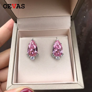 

OEVAS High Quality Blue Pink Color Zircon Big Water Drop Stud Earrings for Women Sparking AAA CZ Party jewelry Ladies Girls Gift