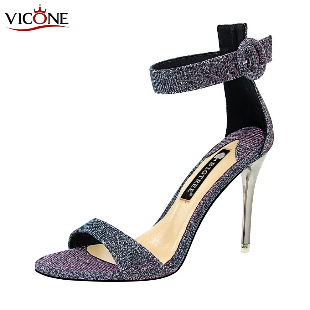 

VICONE Fashion Metal with Ultra-High-Heel Shiny A- line with Small Belt Buckle Peep-Toe Women's Summer Sandals High Heel Shoes