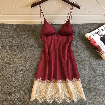 

sleepwear women Sexy Satin Lace Patchwork Sleeveless Sling Backless Sleepwear Lingerie Nightdress Underwear платье женское
