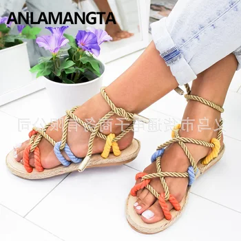 

Women's 2020 Summer Fashion Sandals Lace Up Beach Sandals Ladies Colorful Sandals Sweet Flats Female Shoes Plus Size 35-43