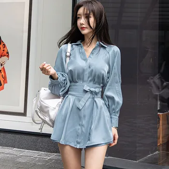 

Summer Women's Fashion Two-Piece Lantern Sleeves Turn-Down Collar Bow Lace-Up Long Shirt + Short Pant Two-Piece Set