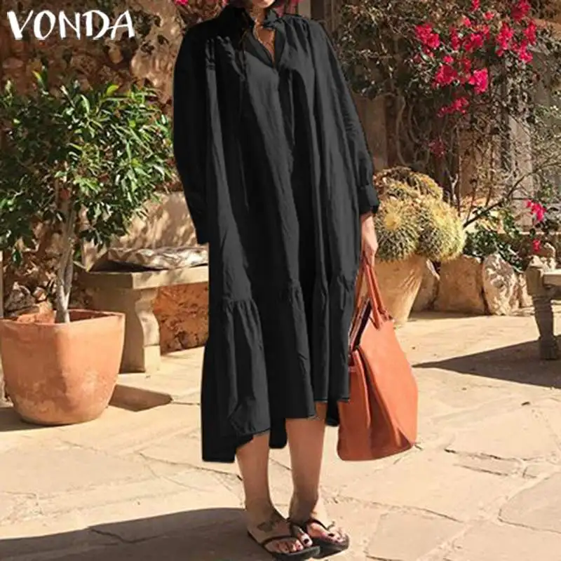 VONDA женские длинные платья со стоячим воротником повседневное свободное