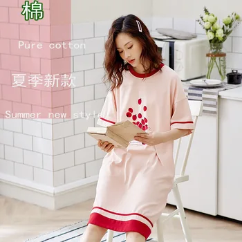 

New Nightdress for Ladies Crew Neck Sleepwear Loose Woman Soft Nightgowns Cute Print Homewear Breathable Cotton Nightwear